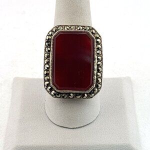 Estate Sterling Silver 925 Red Carnelian Marcasite Ring Size 9 Vintage Jewelry